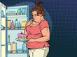 Fat woman at the open refrigerator with food, obesity and excess weight