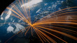 © RocknRoller Studios - Earth in Space. Orange Lines connect Dusseldorf, Germany with Cities across the World. Worldwide Travel or Communication Concept.