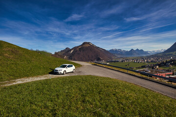 Poster - Closeup shot of a car driving on a small road among beautiful green grass with small-town background