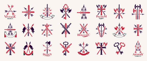 Weapon emblems vector emblems big set, heraldic design elements collection, classic style heraldry armory symbols, antique knives armory arsenal compositions.