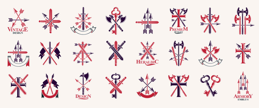 weapon emblems vector emblems big set, heraldic design elements collection, classic style heraldry a
