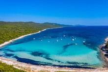 Amazing Adriatic Sea In Croatia. Aerial View Of Azure Turquoise Lagoon On Sakarun Beach On Dugi Otok Island, Yachts Anchored Blue Sea, Tourist Paradise.