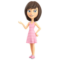 Sticker - Cartoon character cheerful girl in a pink striped dress points with her hand to an empty space. 3d render illustration.