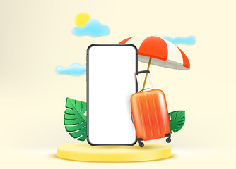 Poster - Summer travel. Smartphone mockup with beach stuff