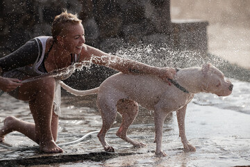 Woman with white Dogo Argentino dog puppy taking shower on the beach