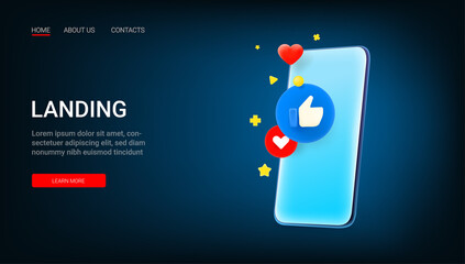 Poster - Landing page vector template with modern mobile phone and social media icons