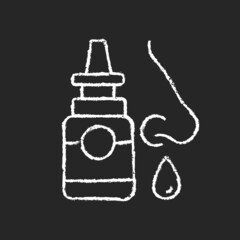 Sticker - Nasal spray chalk white icon on dark background. Relieve nasal discomfort. Treat sinus congestion. Anti-inflammatory medicine. Reduce symptoms. Isolated vector chalkboard illustration on black