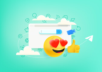 Aufkleber - Social media. Concept with cute 3d style and doodle vector elements