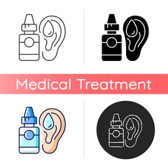 Sticker - Ear drops icon. Earwax removing. Ear infections, inflammations prevention. Acute otitis media treatment. Reducing discomfort and pain. Linear black and RGB color styles. Isolated vector illustrations