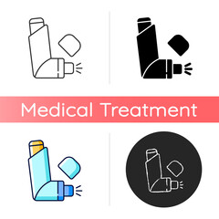 Sticker - Inhaler icon. Allergy spray. Preventing asthma attacks. Deliver medication to lungs, airways. Portable medical device. Easing breath. Linear black and RGB color styles. Isolated vector illustrations