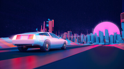 Wall Mural - RETRO CITY SKYLINE WITH CAR: Neon glowing sun, car and starry sky | Synthwave / Retrowave / Vaporwave Background | 3D Illustration