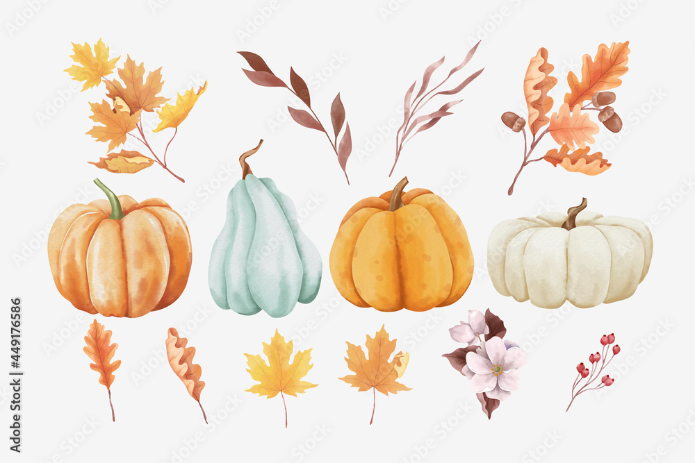 Set of autumn leaves and pumpkins in watercolor style Stock Vector ...