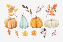Set Of Autumn Leaves And Pumpkins In Watercolor Style