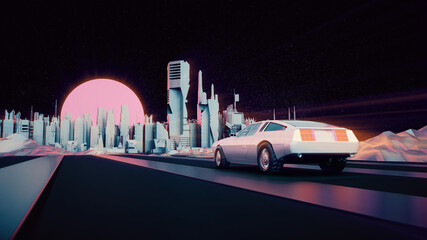 Wall Mural - RETRO CITY SKYLINE WITH CAR: Neon glowing sun, car and starry sky | Synthwave / Retrowave / Vaporwave Background | 3D Illustration