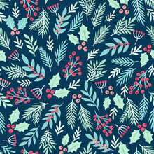 Vector Winter Floral Pattern With Holly And Pine Branches. Seamless Background With Winter Branches And Leaves. Hand-drawn Floral Elements. Vintage Botanical Illustrations. 