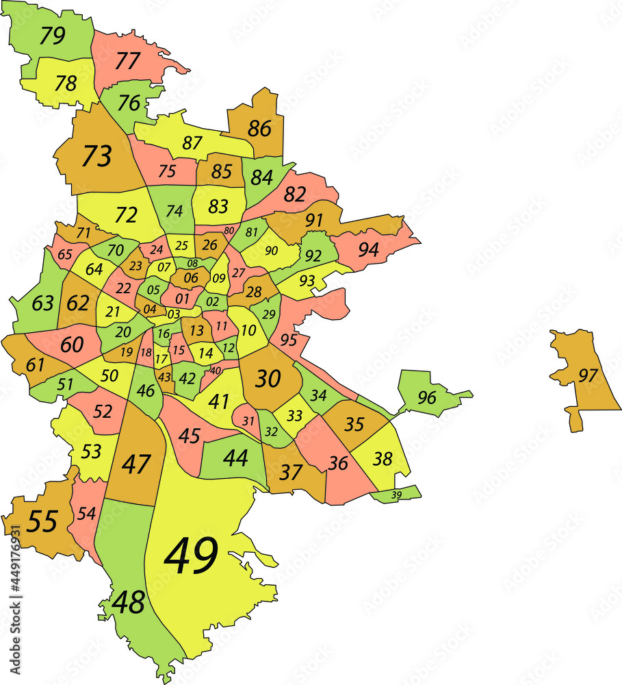 Simple pastel vector map with black borders and numeral names of ...