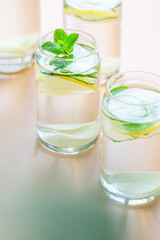  Sassi water. Detox drink with lemon, cucumber, ginger and mint. Healthy food concept
