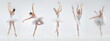 Development of movements of one beautiful ballerina dancing isolated on white background. Concept of art, theater, beauty and creativity