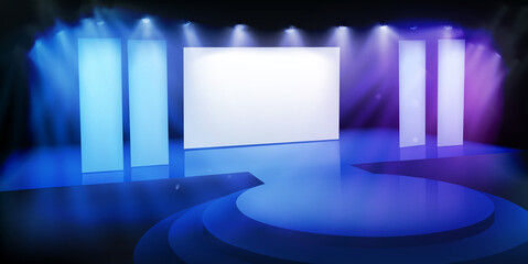 The show on the stage. Free space for advertising. Projection screen in television studio. Vector illustration.