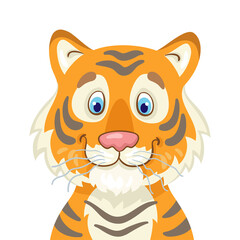 Sticker - Portrait of a funny tiger. The symbol of the New Year. In cartoon style. Isolated on white background. Vector flat illustration.