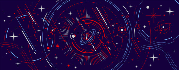 Wall Mural - vector abstract horizontal red and blue space illustration with star, planet and line
