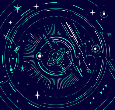 Vector abstract green and white space illustration with star, planet and line