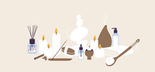 Vector Illustration Set Of Organic And Natural Products For Spa And Wellness Procedure. Aroma Sticks And Candles With Essecial Oil, Herbal Lotion.
