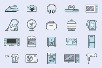 Poster - Electronics Icons set - Vector color symbols of camera, computer, washing machine, television and other appliances for the site or interface