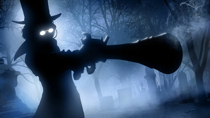 A black silhouette of a woman in a cylindrical hat and bright white glasses, she fired a pistol from a dynamic angle, against the background of a night cemetery in the fog illuminated by moonlight 2d 