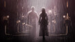 © warmtail - A beautiful girl wet to the skin in a long translucent dress is walking along the night alley by the hand with an invisible rain man, heavy rain emphasizes their silhouettes 2d art