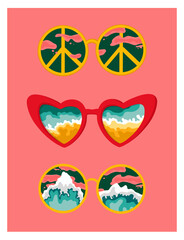 Sticker - Vector Illustration of glasses with beach and mountains. 70s peace sign. Seventies sunglasses. Stylish, cool, love. Hippie style. Retro love. 