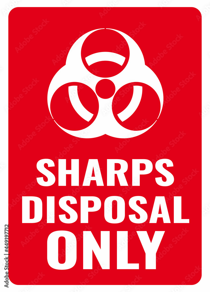 Sharps disposal only sign. Red background biohazard warning label. Use to warn personnel where sharps and glass are to be stored. Symbols for hospitals and medical businesses.. Stock Vector | Adobe Stock sharps-disposal-only-sign-red-background-biohazard-warning-label-use-to-warn-personnel-where-sharps-and-glass-are-to-be-stored-symbols-for-hospitals-and-medical-businesses-stock-vector-adobe-stock