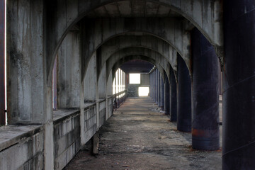 Canvas Print - A platform made of steel concrete, which is located in an abandoned place or temple building directl