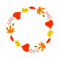 Sticker - Vector wreath of autumn leaves and fruit in watercolor style. Beautiful round wreath of yellow and red leaves, acorns, berries, cones and branches. Decor for invitations, greeting cards, posters.