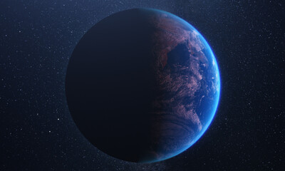 Wall Mural - Front view of planet Earth. Half day and half night. 