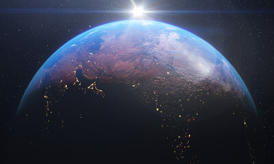 Wall Mural - Realistic sunrise over world horizon seen from space. 