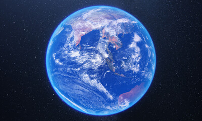 Wall Mural - 
Blue planet earth on starry night space background. 3d globe representing the world map.