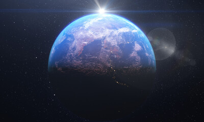 Wall Mural - Realistic sunrise over world horizon seen from space. Image of planet Earth and rising sun in behind.