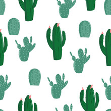Seamless Pattern With Various Cacti, Bright Texture With Green Cacti, Hand Drawing In Cartoon Style, Stylish And Simple Illustration, Background With Desert Plants, Vector Print For Printing Bedding