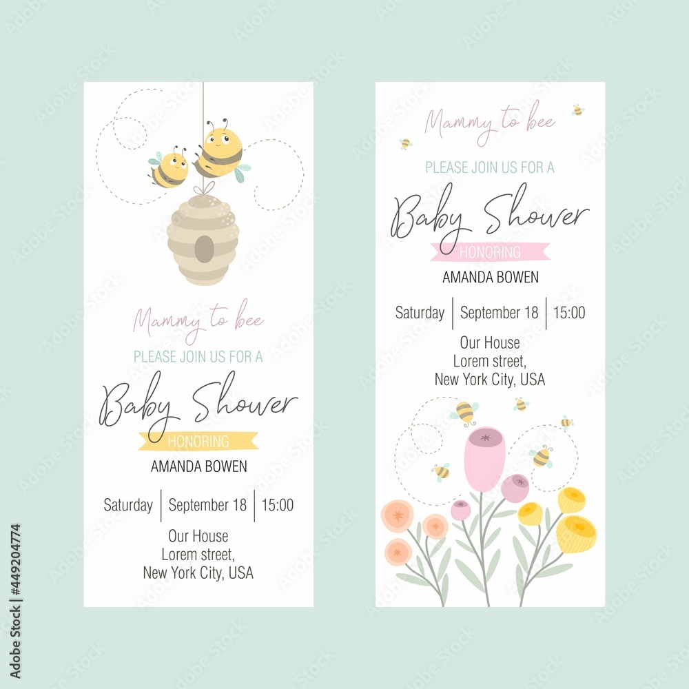 Set of invitations to a Baby Shower with a cute bee. Flat style, summer ...