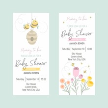 Set Of Invitations To A Baby Shower With A Cute Bee. Flat Style, Summer Background With An Inscription. Vector Illustration.