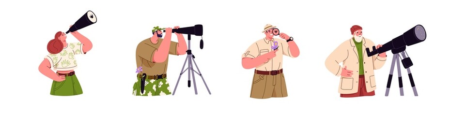 Poster - Set of people looking and watching through telescope, binoculars, spyglass and magnifying glass. Explorers observing nature and sky with lenses. Flat vector illustration isolated on white background.