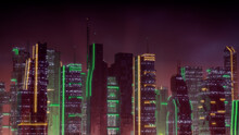 Futuristic City Skyline With Orange And Green Neon Lights. Night Scene With Visionary Skyscrapers.