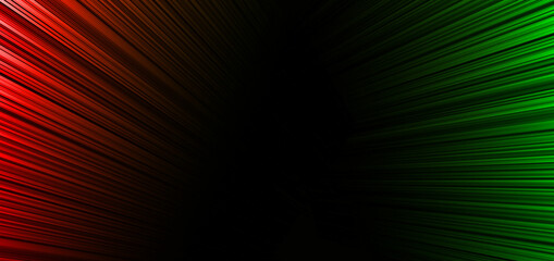 Abstract red and green elegant stripe diagonal lines light on black background.