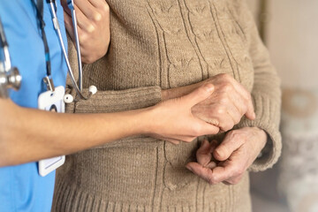 Happy retired woman and trust between doctor and patient. 