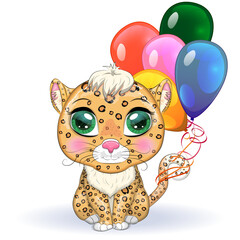 Leopard with beautiful eyes in cartoon style, colorful illustration for children. Leopard cat with characteristic spots