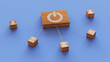 © RocknRoller Studios - Activate Technology Concept with power Symbol on a Wooden Block. User Network Connections are Represented with White string. Blue background. 3D Render.