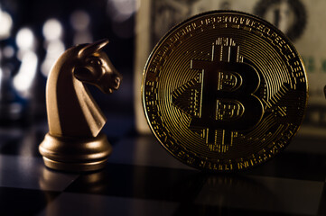 Poster - Closeup shot of crypto coin and dollar with chessmen on a board- introducing investments strategies