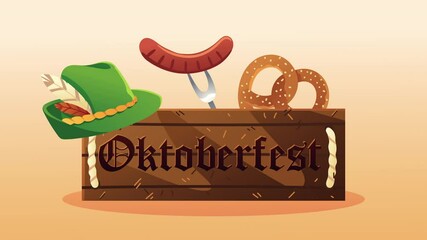 Poster - oktoberfest celebration lettering in wooden label and tyrolean hat