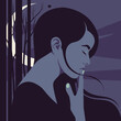 The profile of a melancholy woman on the night background. Loneliness and depression. Vector flat illustration